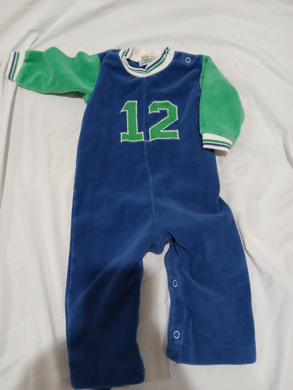 healthtex Blue Velour One-Piece with Green Sleeves & Number 12